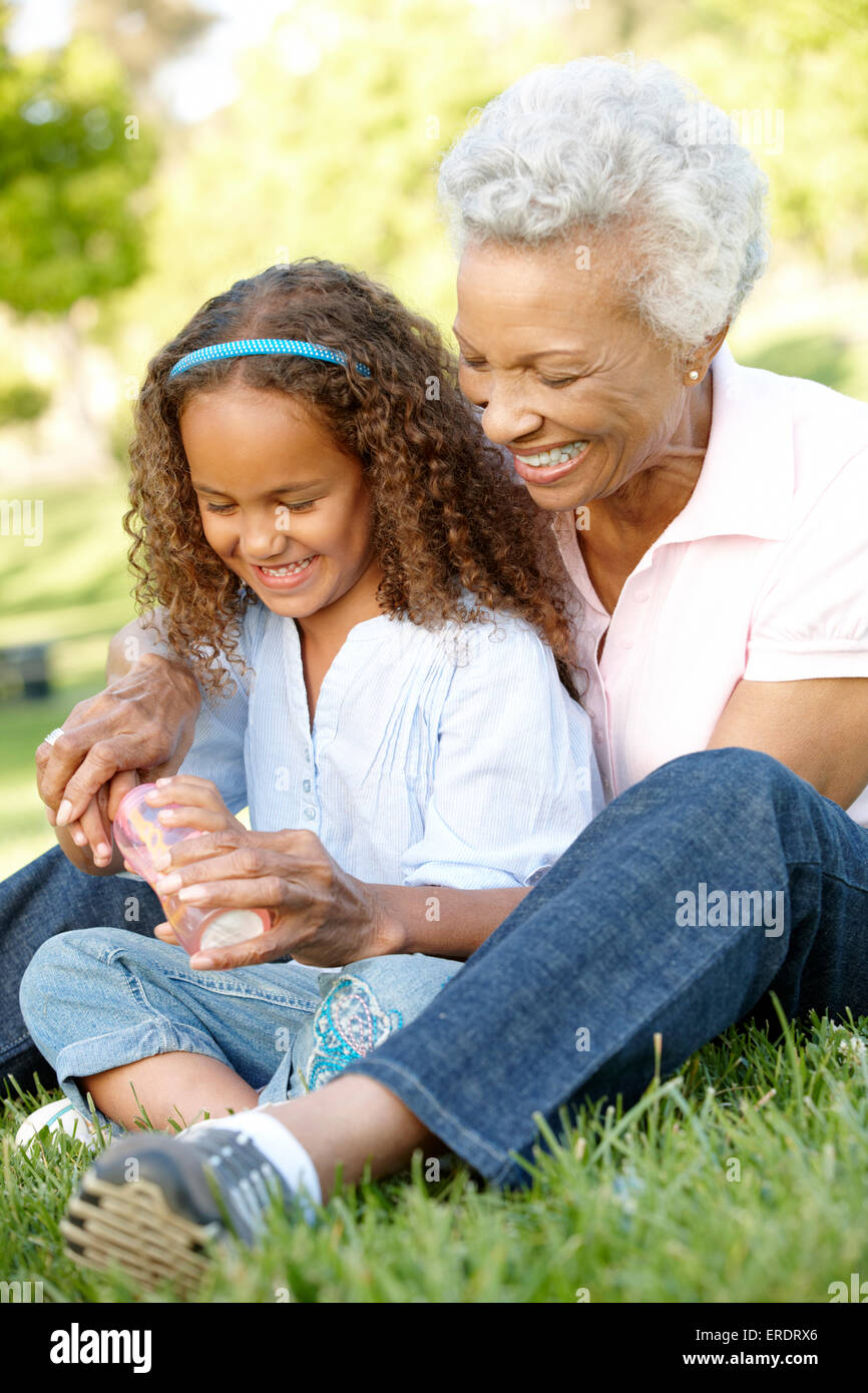 African American Großmutter und Enkelin bläst Seifenblasen im Park Stockfoto