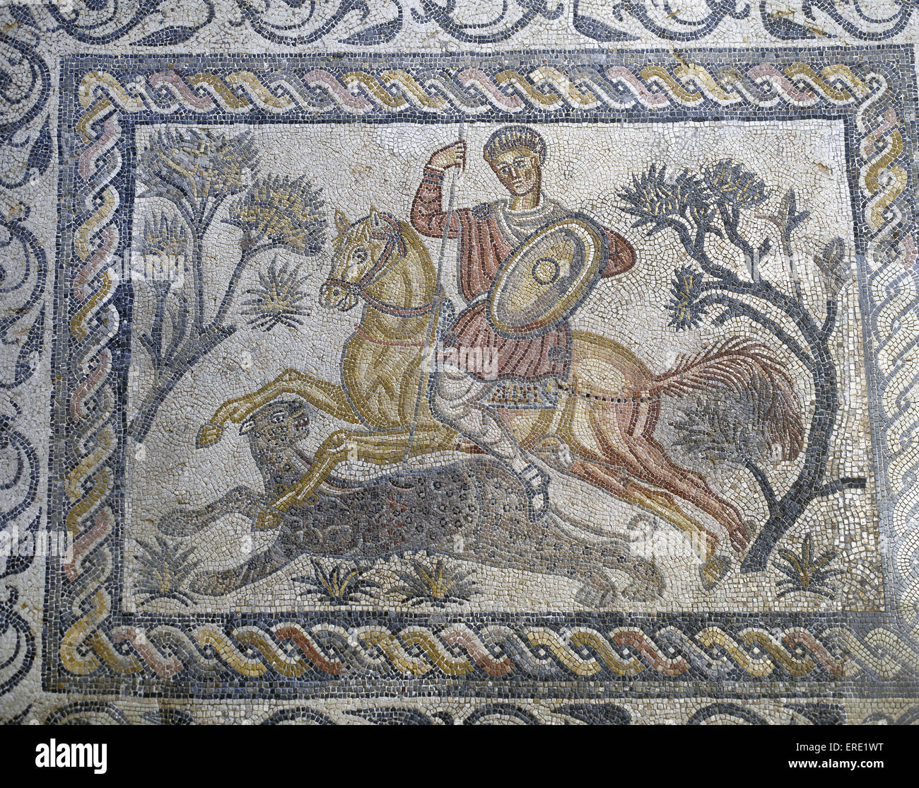 Mosaik von Panther jagen von Roman Villa Las Tiendas in Merida, Spanien, römische Zivilisation, 4. Jahrhundert. National Museum of Roman Art. Merida. Spanien. Stockfoto