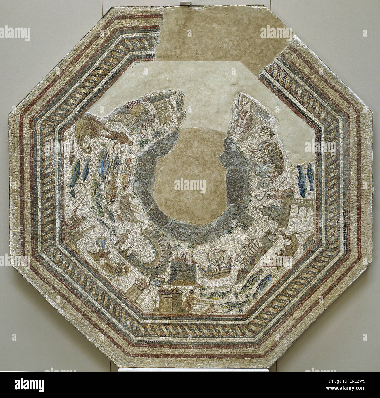 Römisches Mosaik. Port-Szenen. 3. - 4. Jahrhundert. Von Vega Baja de Toledo. Museum des Hospital De La Santa Cruz. Toledo. Spanien. Stockfoto