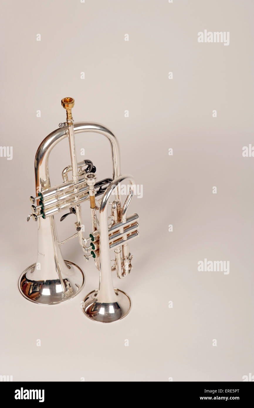 Die Sopranistin Cornet und ein Flügelhorn. Brass Band Instrumente, Silber Band Stockfoto