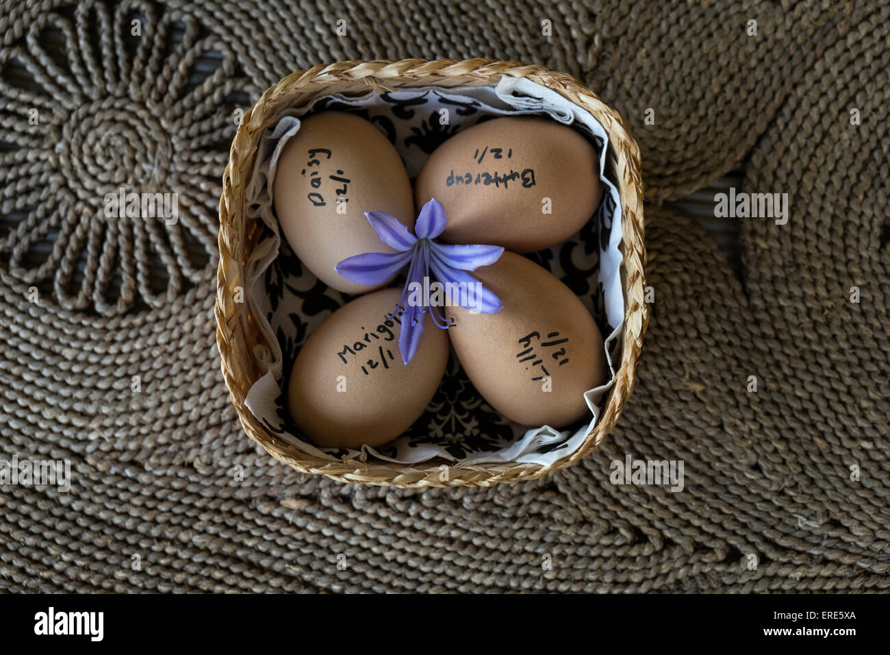 Frisch Eiern mit Huhn Namen darauf geschrieben, in kleinen Wickerwirk Korb auf Korbwaren Matte gelegt. Stockfoto