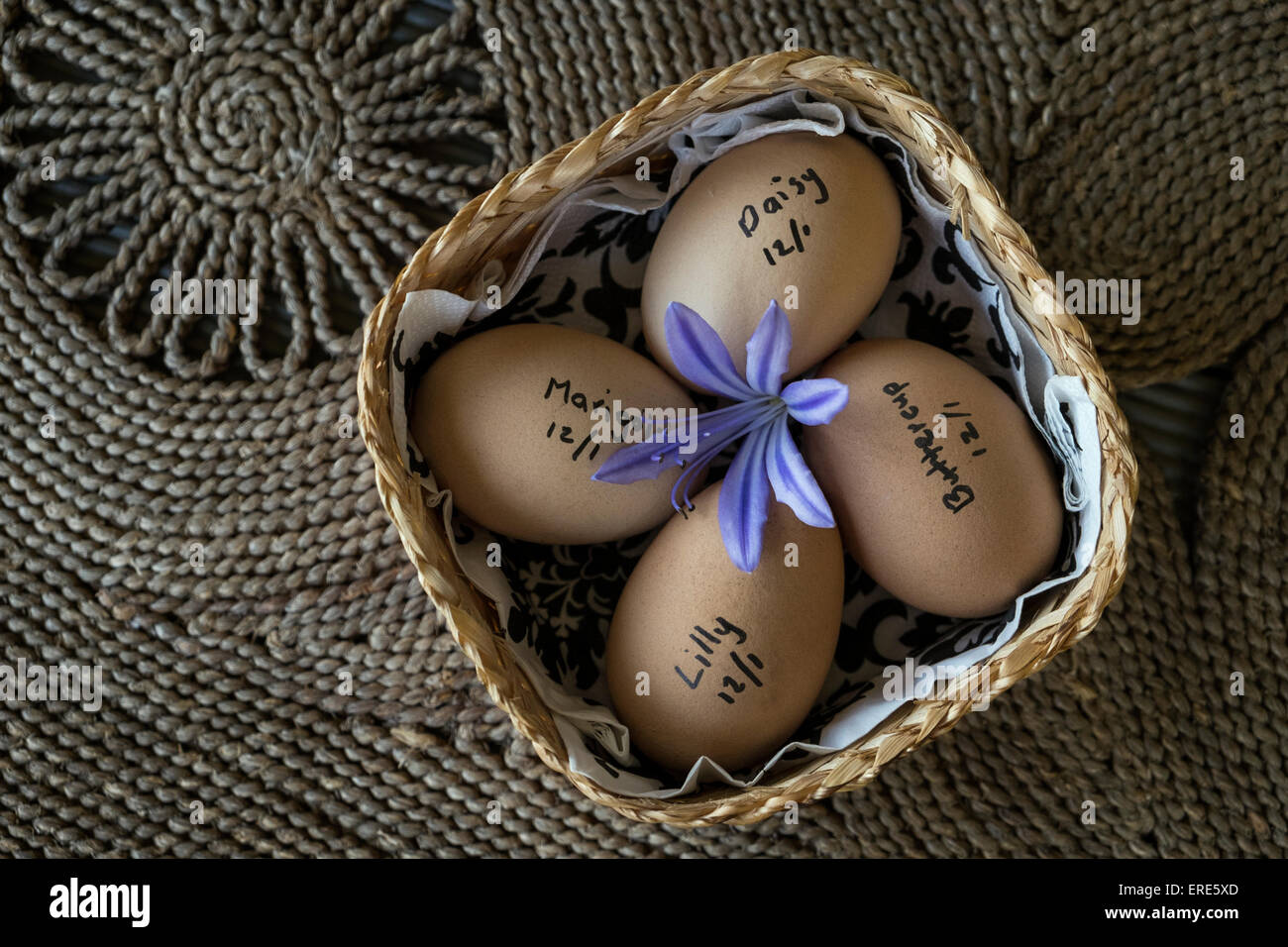 Frisch Eiern mit Huhn Namen darauf geschrieben, in kleinen Wickerwirk Korb auf Korbwaren Matte gelegt. Stockfoto