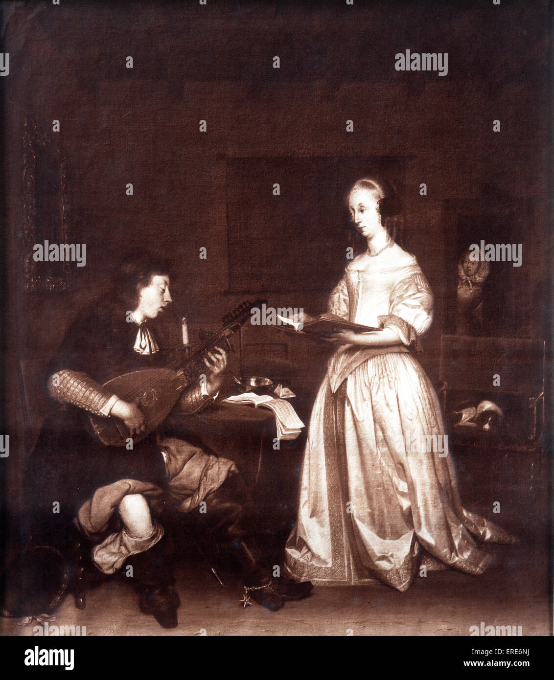 Das Duett: ein Sänger und ein Lautenspieler. Gerard Ter Borch 1617-1681. Niederländischen Barock Ära Maler.    Sepia Reproduktion. Stockfoto