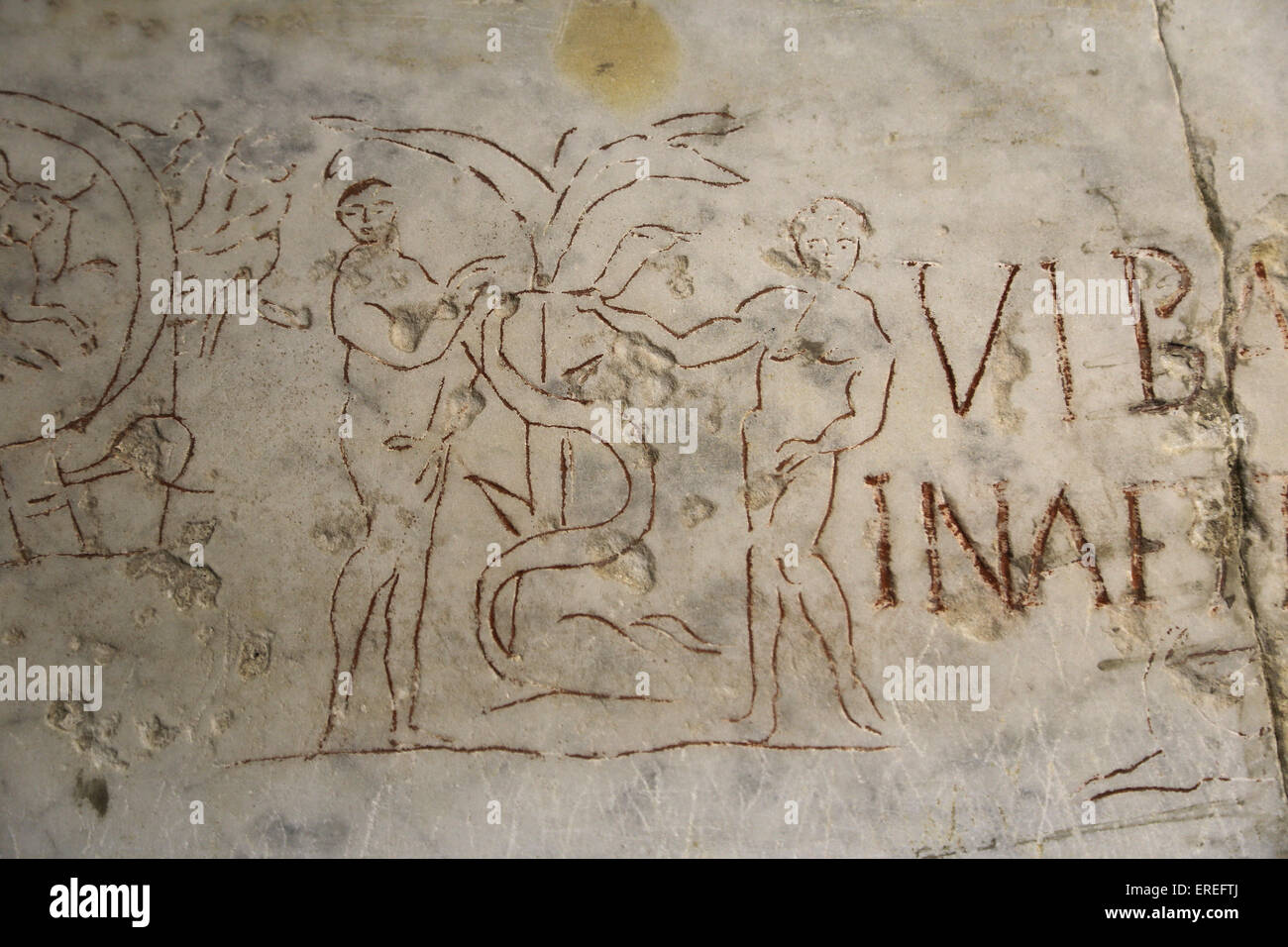 Tafel mit Dekoration. Adam und Eva. Alten Testament.  Museo Pio Cristiano. Vatikan Museum. Frühchristliche. Stockfoto
