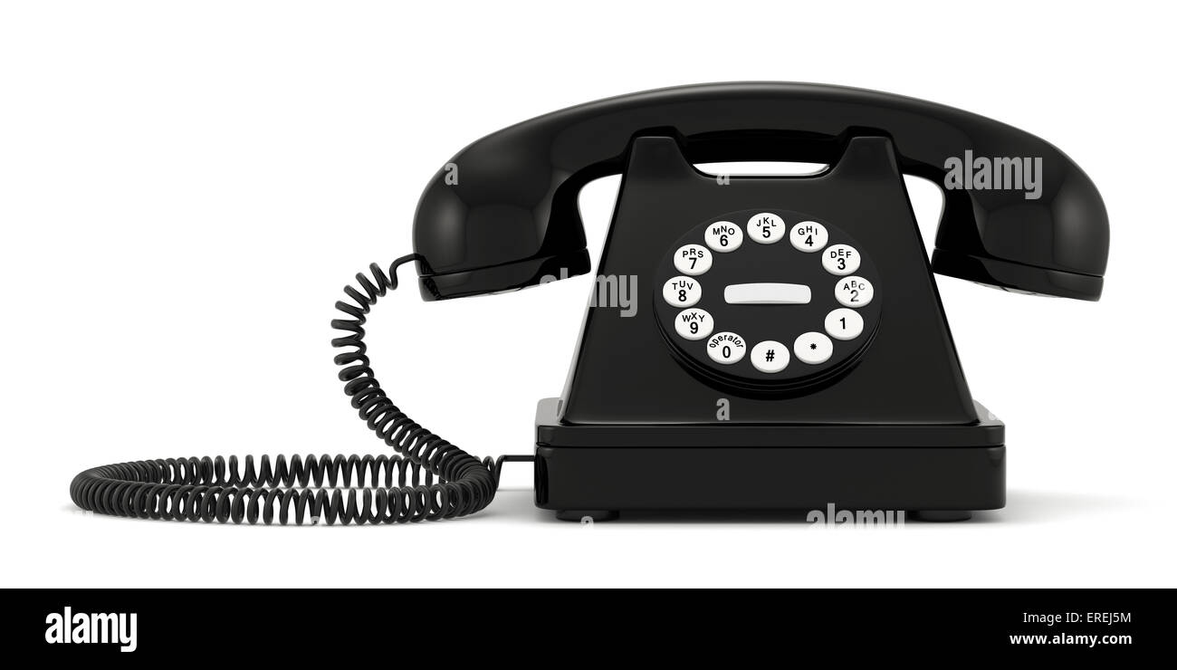 3D Abbildung des schwarzen altmodischen Telefon auf weißem Hintergrund Stockfoto