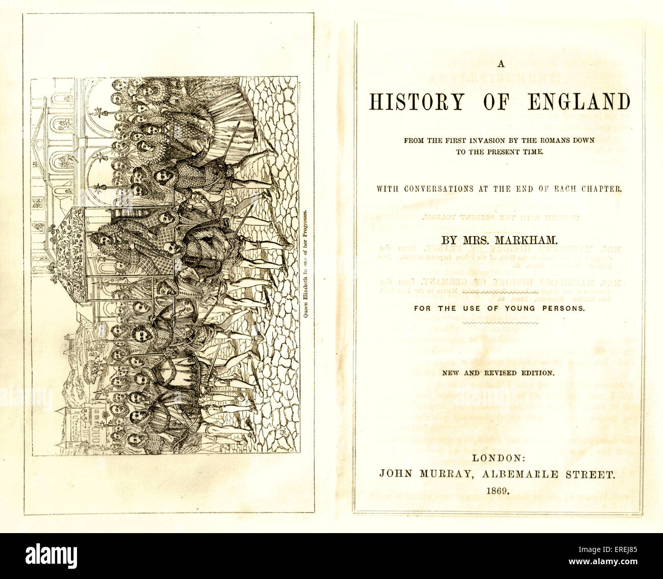 Titelblatt und Frontispiz des "A History of England", von Frau Markham, "für die Verwendung von Jugendlichen". Neue & überarbeitete Auflage, Stockfoto