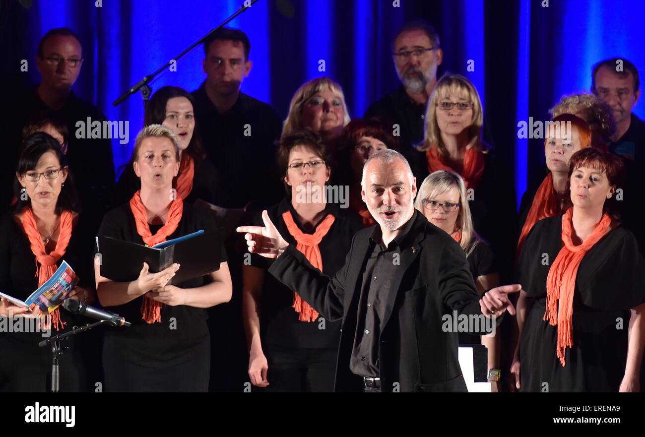 Alttroeglitz, Deutschland. 1. Juni 2015. Kirche Minister Matthias Keilholz (vorne) führt einen Gospel-Chor auf der Bühne in Alttroeglitz, Deutschland, 1. Juni 2015. Das Benefiz-Event für Solidarty mit Flüchtlingen nahm das Motto "Miteinander - Fuereinander" (lit. miteinander - füreinander) und Künstler aus Deutschland und den USA. Die Stadt Troeglitz Schlagzeilen die im April, wenn eine geplante Unterkunft Zentrum für Flüchtlinge in Brand gesteckt wurde. Foto: Hendrik Schmidt/Dpa/Alamy Live News Stockfoto