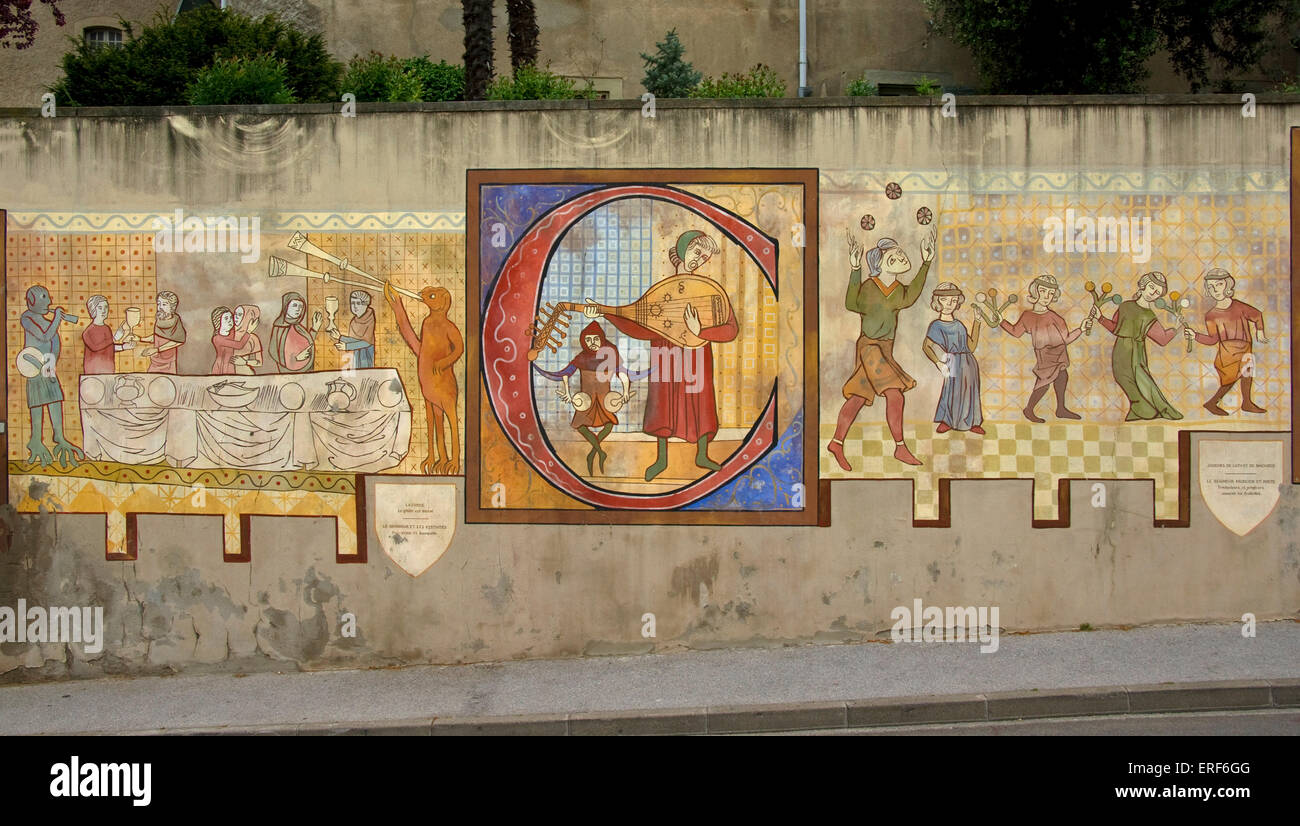 Zeichnung von einem mittelalterlichen Bankett mit Musikern, Tänzern und Jongleure. Teil eines Wandbildes in Carcassonne, Frankreich. In der Mitte sind ein Stockfoto