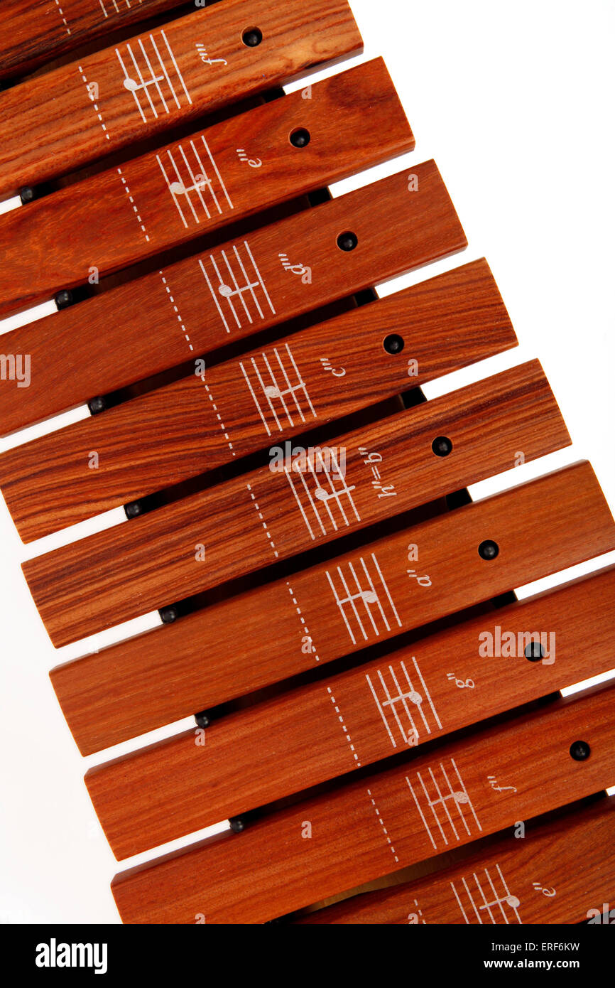Detail der Bars und der gedruckten Notizen auf sie hautnah. Auf einem primären oder Junior Sopran Xylophon mit Stöcken - allgemeine Schule Stockfoto