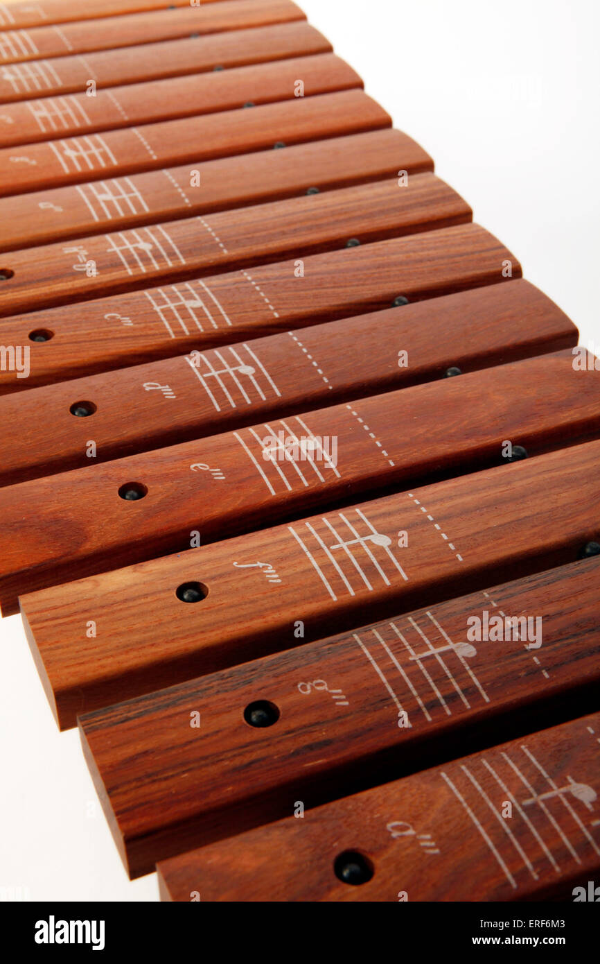 Detail der Bars und der gedruckten Notizen auf sie hautnah. Auf einem primären oder Junior Sopran Xylophon mit Stöcken - allgemeine Schule Stockfoto