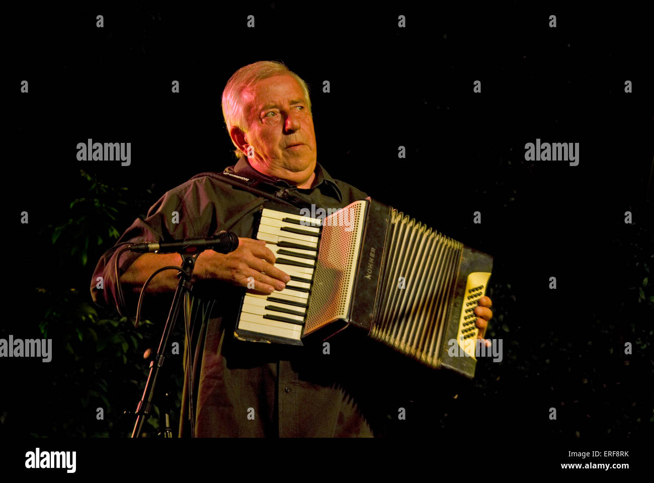 Chromatische Tastatur Akkordeon-Spieler. Pierre Jean, chromatische Akkordeon Keyboarder Französisch Dixieland Band Les Haricots Stockfoto