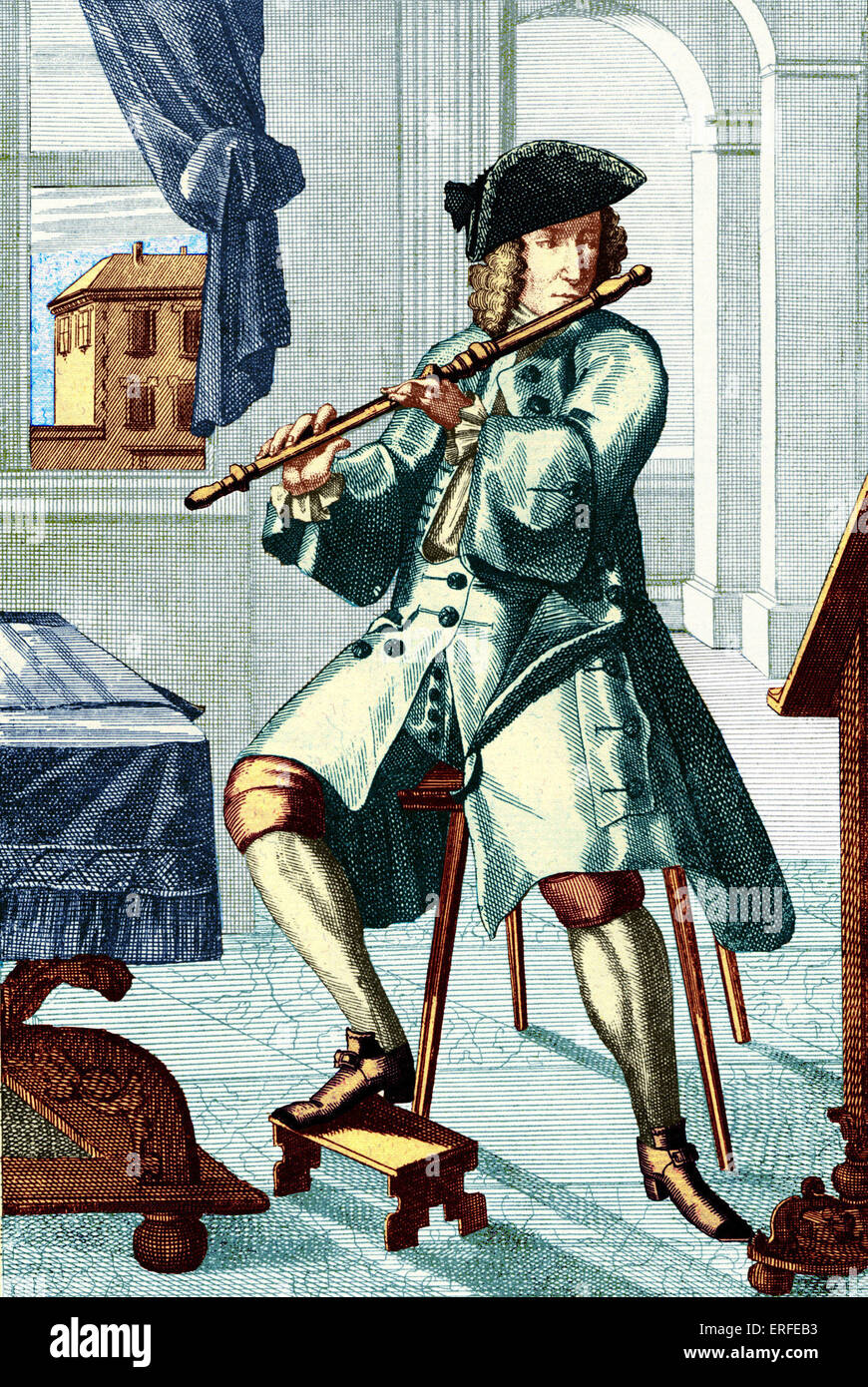 Mann, spielt die Querflöte (Travers-Flaute). Kupferstich von j.c. Weigel (1661-1726) von "Musikalisches Theatrum". FARBIGE VERSION. Stockfoto
