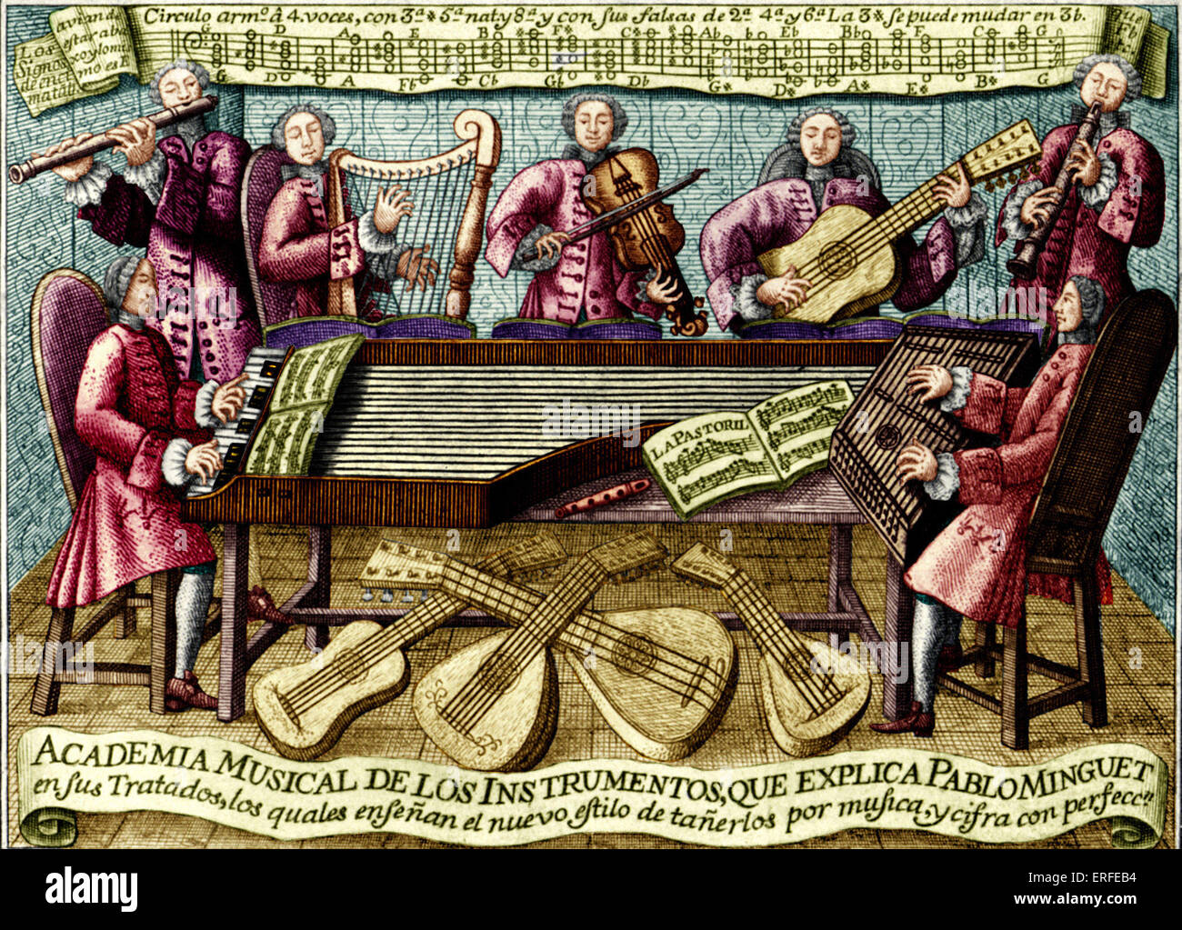 Spanische musikalische Abhandlung Abdeckung, 1752. "Regeln und Tipps für das Spielen von den besten musikalischen Instrumenten" - Abhandlung im Stockfoto