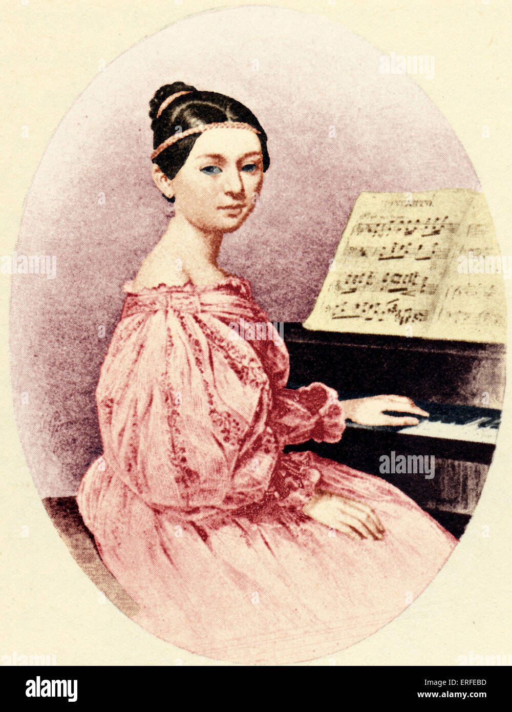 Clara (Wieck) Schumann, bevor sie verheiratet war im Alter von 15-am Klavier.  Lithographie von F. Giere.      Deutscher Pianist und Komponist Stockfoto