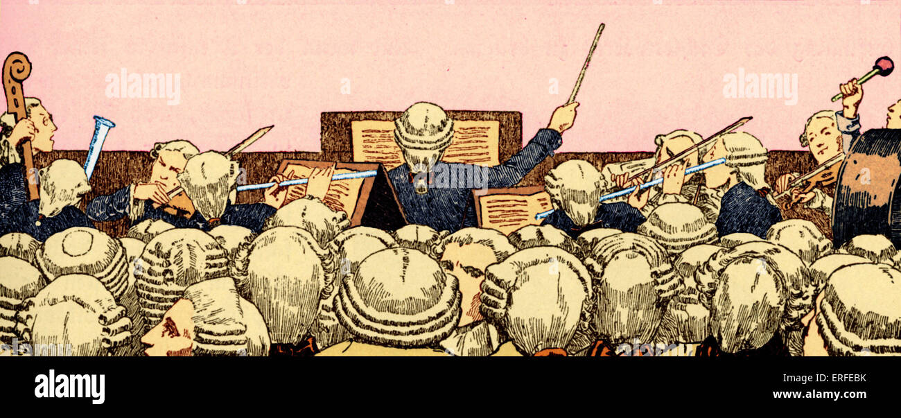 Anfang des 19. Jahrhunderts Zeichnung aus dem 18. Jahrhundert Kammerorchester von hinten.  Publikum tragen Perücken, Dirigent. Aus einer Stockfoto