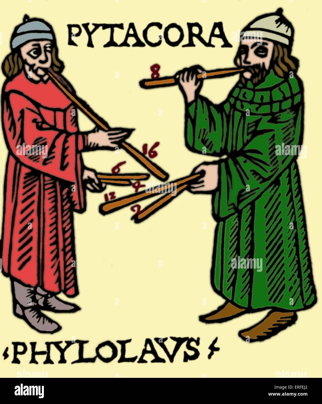 Frontispiz Gaffuris Abhandlung über Musik, 'Theorica Musicae"(1492), Pythagoras zeigt. Pythagoras Theorien untersucht mittels Rohren. Gaffuri (auch buchstabiert Gafori oder Gaffurio): italienische Theoretiker, 1451-1522. Pythagoras: Griechische Philosoph, Mathematiker und Musik Theoretiker c.582 BC - c.500 BC. Stockfoto