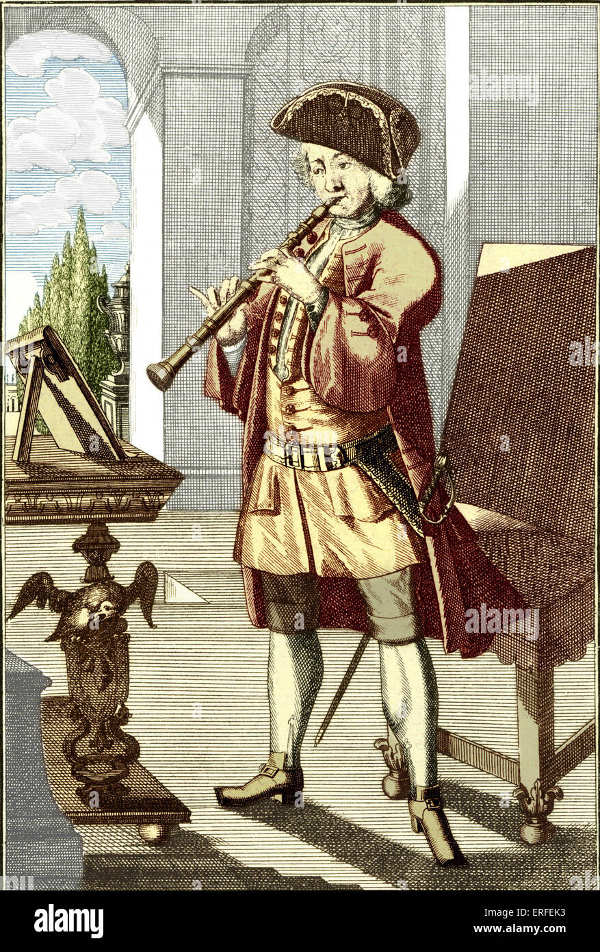 Anfang des 18. Jahrhunderts Klarinettist von j.c. Weigel (1661-1726).  Gravur.   Sehen Sie Mozarts Konzert für Klarinette in einem (K622, 1791). Stockfoto