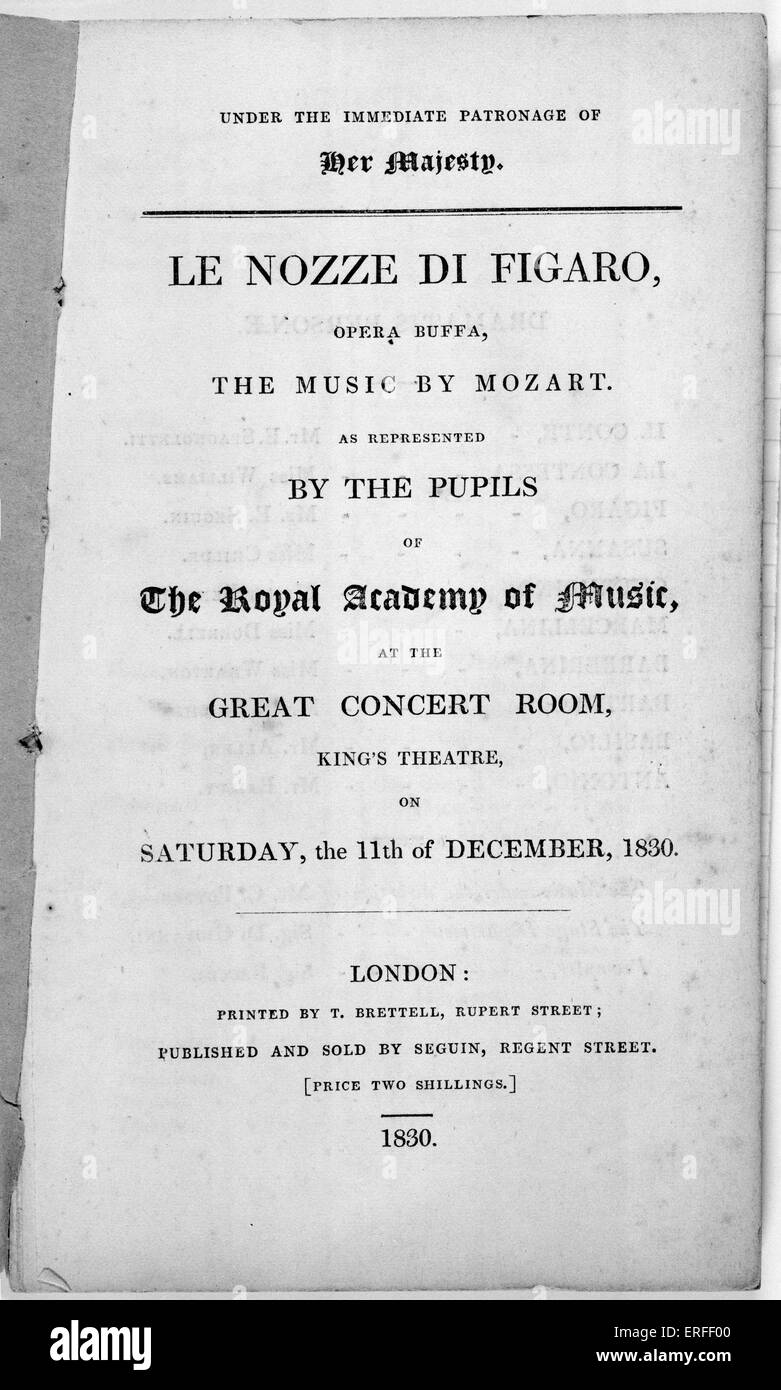 Royal Academy of Music Theaterzettel für eine Aufführung von Mozarts "Le nozze di Figaro", großer Konzertsaal, King es Theatre Stockfoto