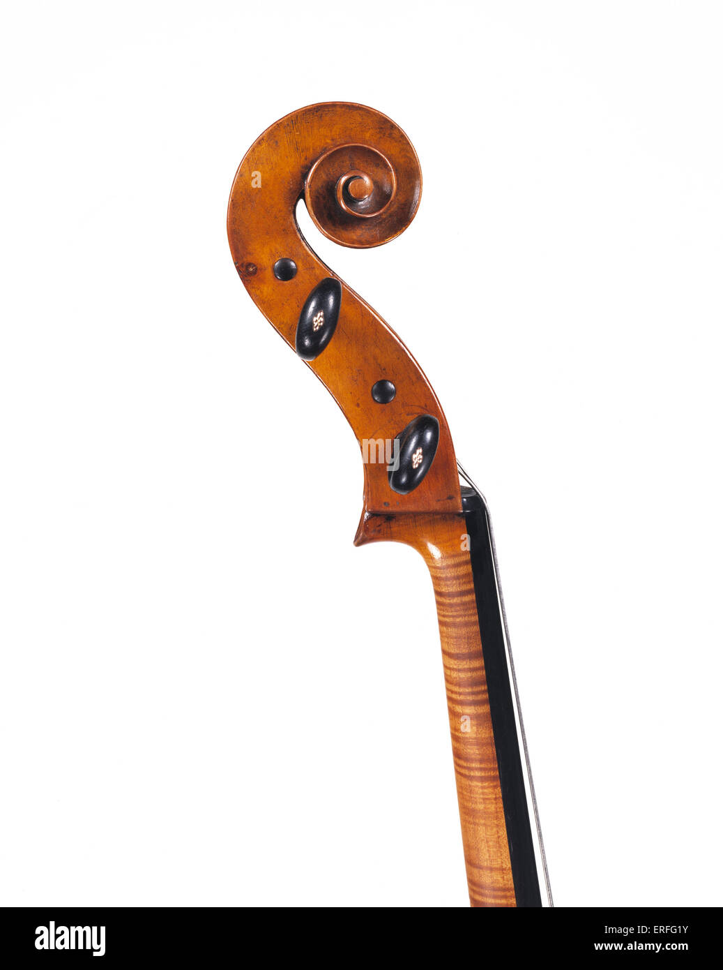 Cello von Celoniato, Turin c. 1740. Scroll-Credit: Clarissa Bruce/Royal Academy Of Music Stockfoto