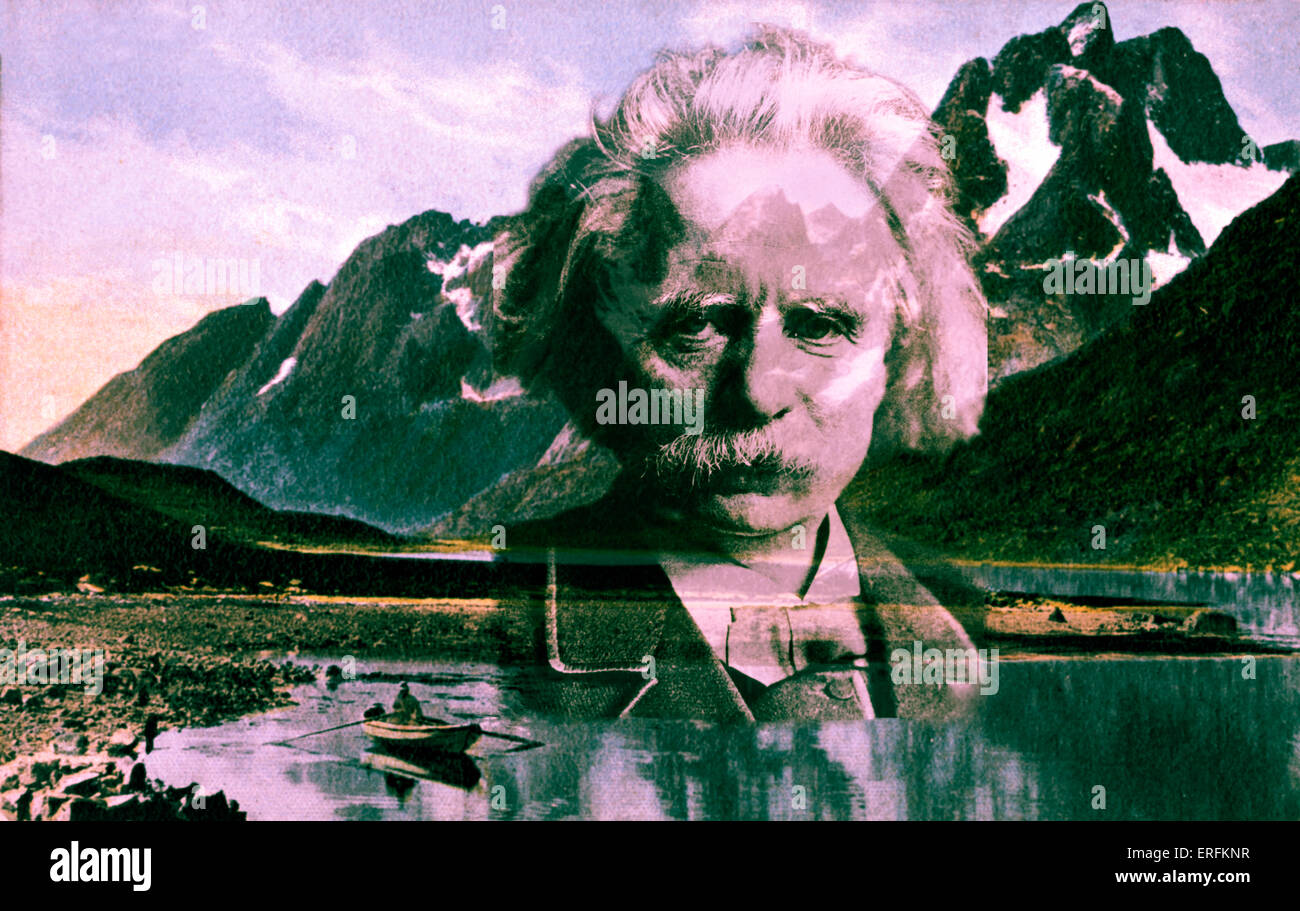 Edvard Grieg - Portrait des norwegischen Komponisten, Jubiläum Komposit norwegischen Bergkulisse. 1843-1907. Stockfoto