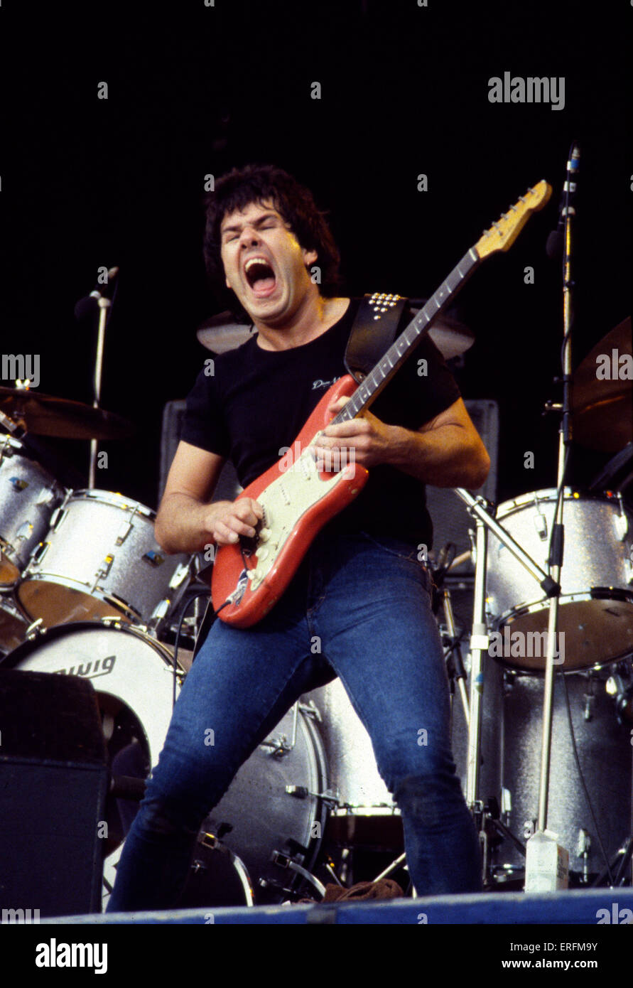 Gary Moore - Porträt von irischer Gitarrist & Sängerin Auftritt beim Reading Festival 1977. 4. April 1952. Hard Rock, Stockfoto