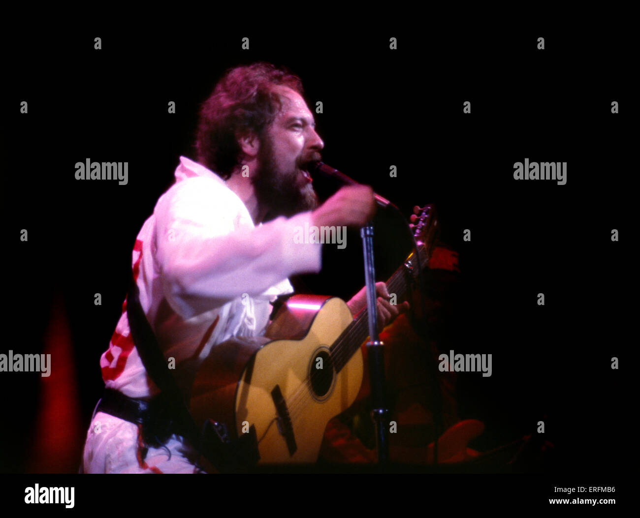 Ian Anderson - der schottische Musiker spielen der Gitarre mit seiner Band Jethro Tull in der Royal Albert Hall, London, 1980. IA: b. 10. August 1947. Jethro Tull - englische Band, die Elemente der klassischen, keltischen Folk-Musik, Blues, Jazz und Kunst Rock enthält. Stockfoto