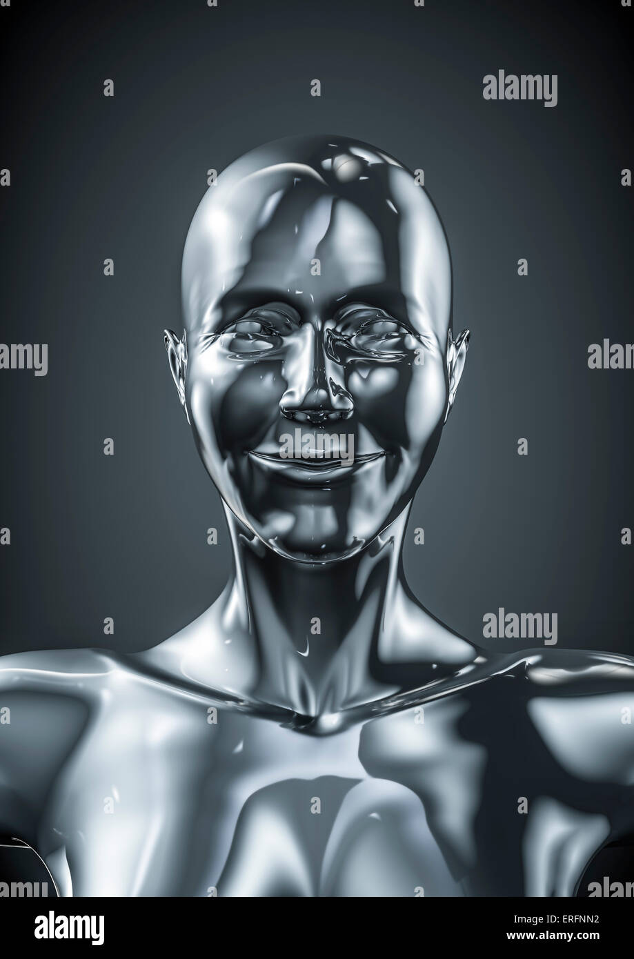 Chrome Freude weiblich, 3D Rendern des Lächelns weiblichen cyborg Stockfoto