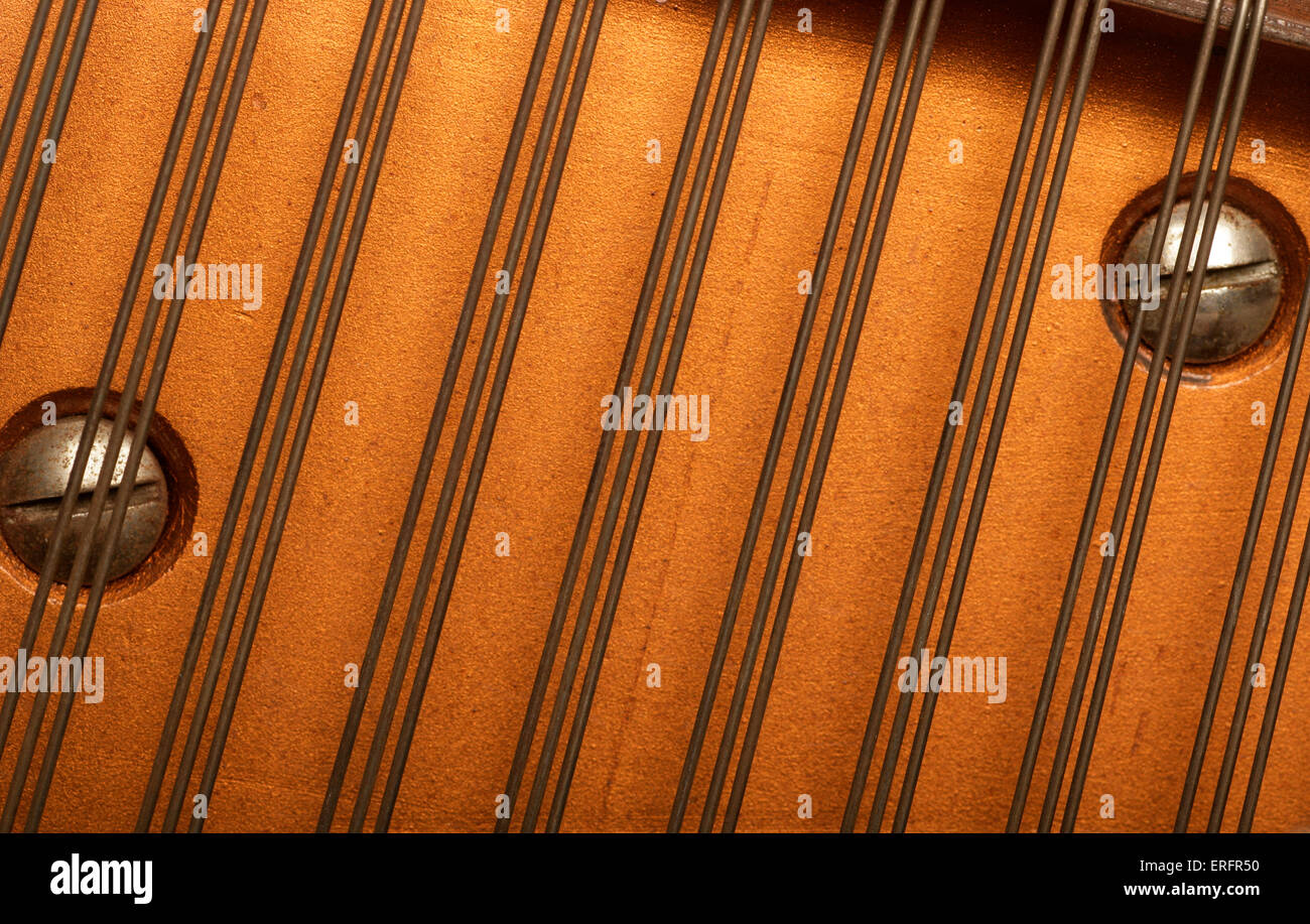 Nahaufnahme Detail des Klavier - Heringe oder Stecknadeln und Fäden aus einem Klavier Stockfoto