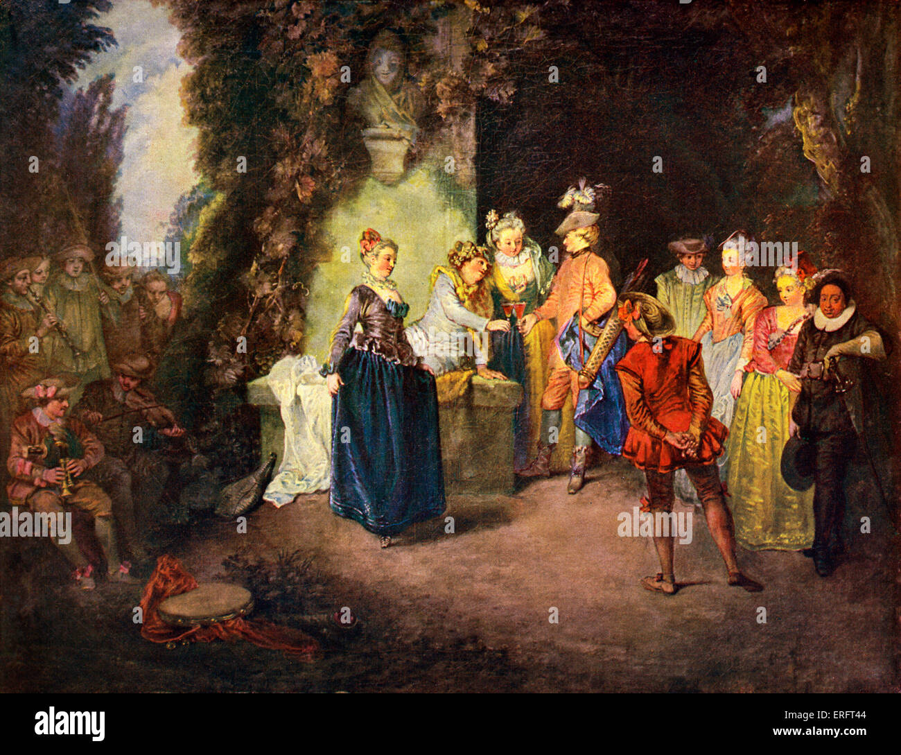 Rokoko-Genre-Szene: französische Komödie - nach Apainting von Antoine Watteau. AW, französischer Maler und Grafiker: 10. Oktober 1684 - 18. Juli 1721. Stockfoto