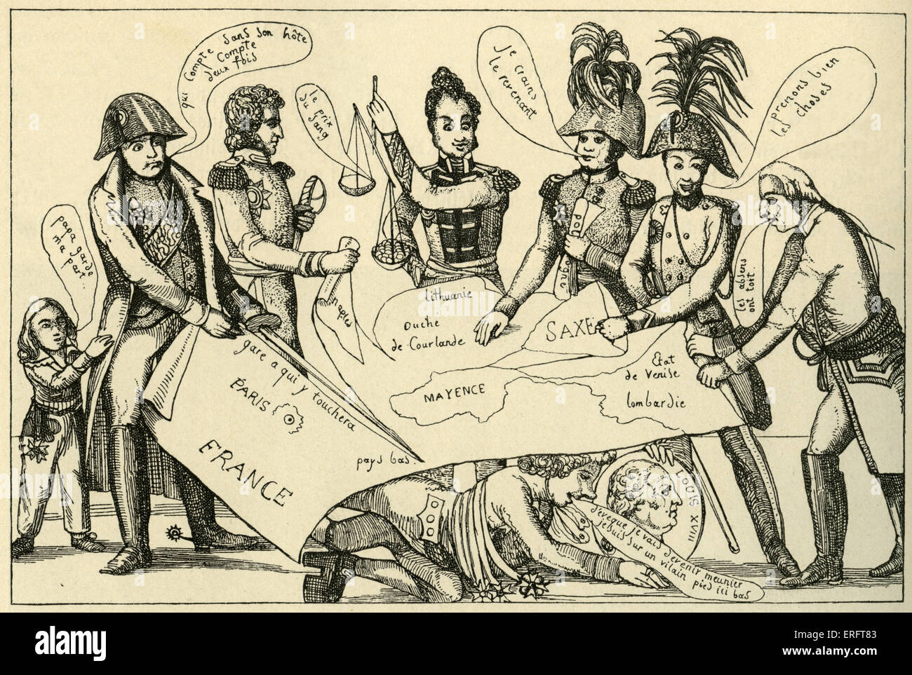 Kongreß von Wien - französische Karikatur von einem Anfang des 19. Jahrhunderts-Flyer. Künstler unbekannt. Der Wiener Kongress (1814-1815) zielte darauf ab, die politische Landkarte Europas nach der Niederlage des napoleonischen Frankreich neu gezeichnet. Stockfoto