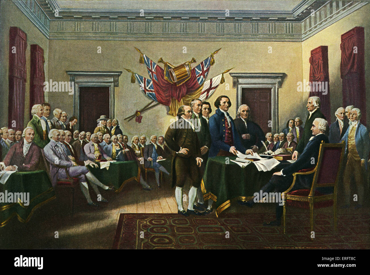 "Unterzeichnung der (amerikanischen) Declaration of Independence, 28. Juni 1776" - nach einem Gemälde von John Trumbull, beauftragt 1817. Öl auf Leinwand, 12 Zoll x 18 Zoll. Thomas Jefferson und der Redaktionsausschuss John Hancock Dokument vorlegen. TJ, Hauptverfasser der amerikanischen Unabhängigkeitserklärung und späteren US-Präsidenten: 13. April 1743 - 4. Juli 1826. JH, Patriot der amerikanischen Revolution: 23. Januar 1737 - 8. Oktober 1793. JT, amerikanische Künstler: 6. Juni 1756 - 10. November 1843. Stockfoto