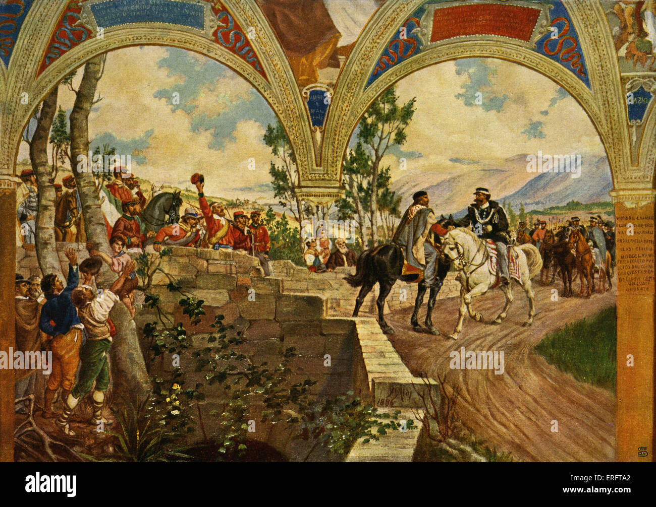 "Die Begegnung zwischen Giuseppe Garibaldi und König Vittorio Emanuele II. am 26. Oktober 1860" - Fresko von Pietro Aldi in Stockfoto