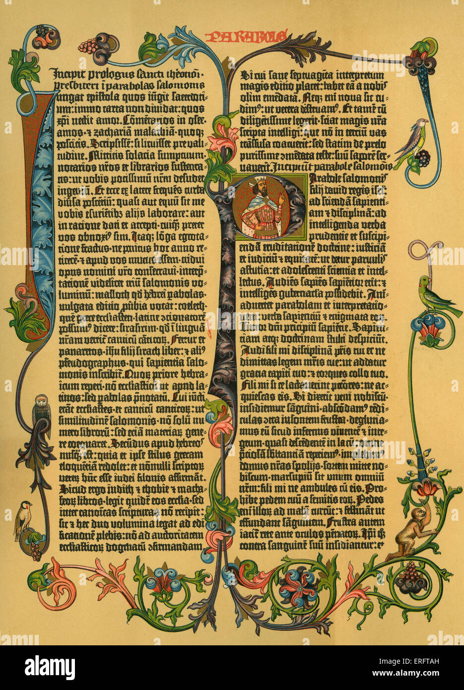 Kommentar zu Salomos "Gleichnisse" aus Gutenbergs lateinische Bibel, c. 1453-1456. Stockfoto