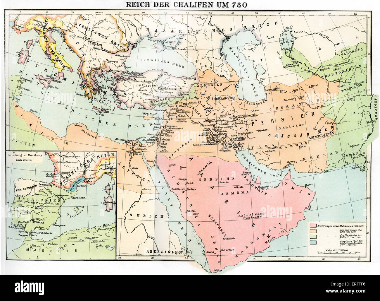 Reich des Kalifats - Karte in 750. Die Kalifen waren die frühen Führer der muslimischen Nation. Linke Hand Quadrat zeigt Karten von Stockfoto