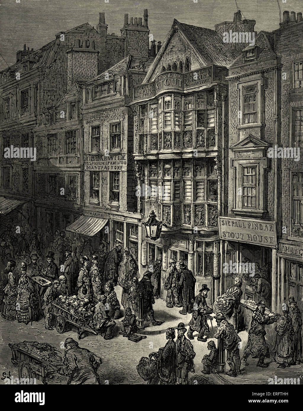 Das viktorianische London - Bishopsgate Street. Östlich von London. Jüdisches Viertel. Gravur von Gustave Doré aus "London, eine Wallfahrt von Gustave Doré und Blanchard Jerrold", 1872. Stockfoto