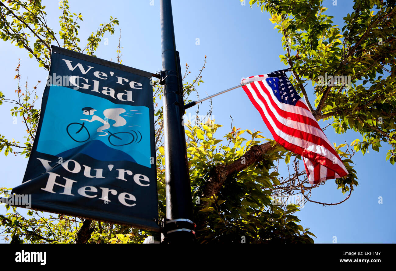 Eine amerikanische Flagge und ein Zeichen für das Weiße Eichhörnchen-Festival in Brevard NC Stockfoto