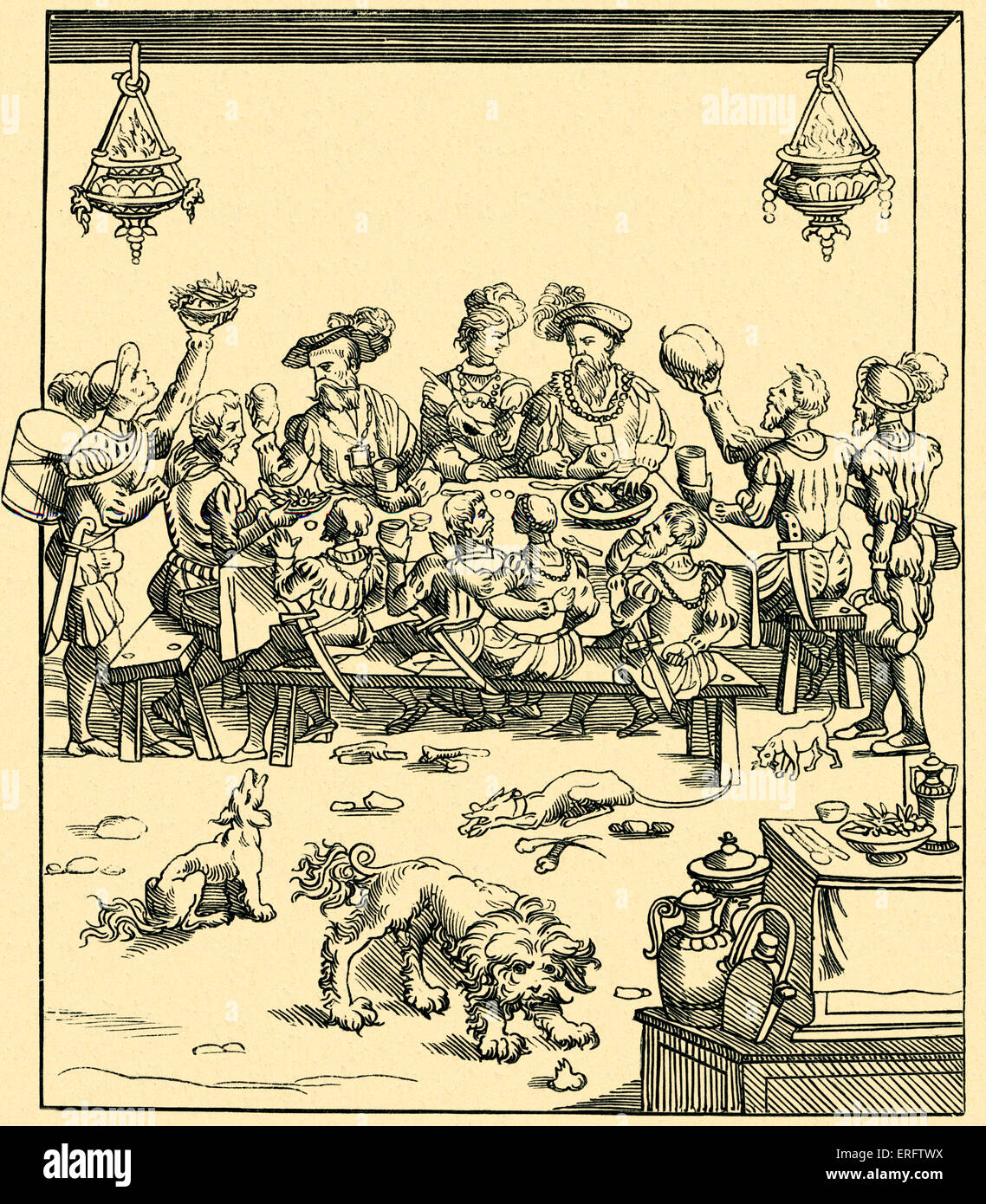 Italienischen mittelalterlichen Mahlzeit - die Frage de Table. Adel und Damen an einem Tisch. Kopieren Sie aus einem Holzschnitt in der Abhandlung von Christoforo di Messisburgo, Ferrara, 1549. Stockfoto