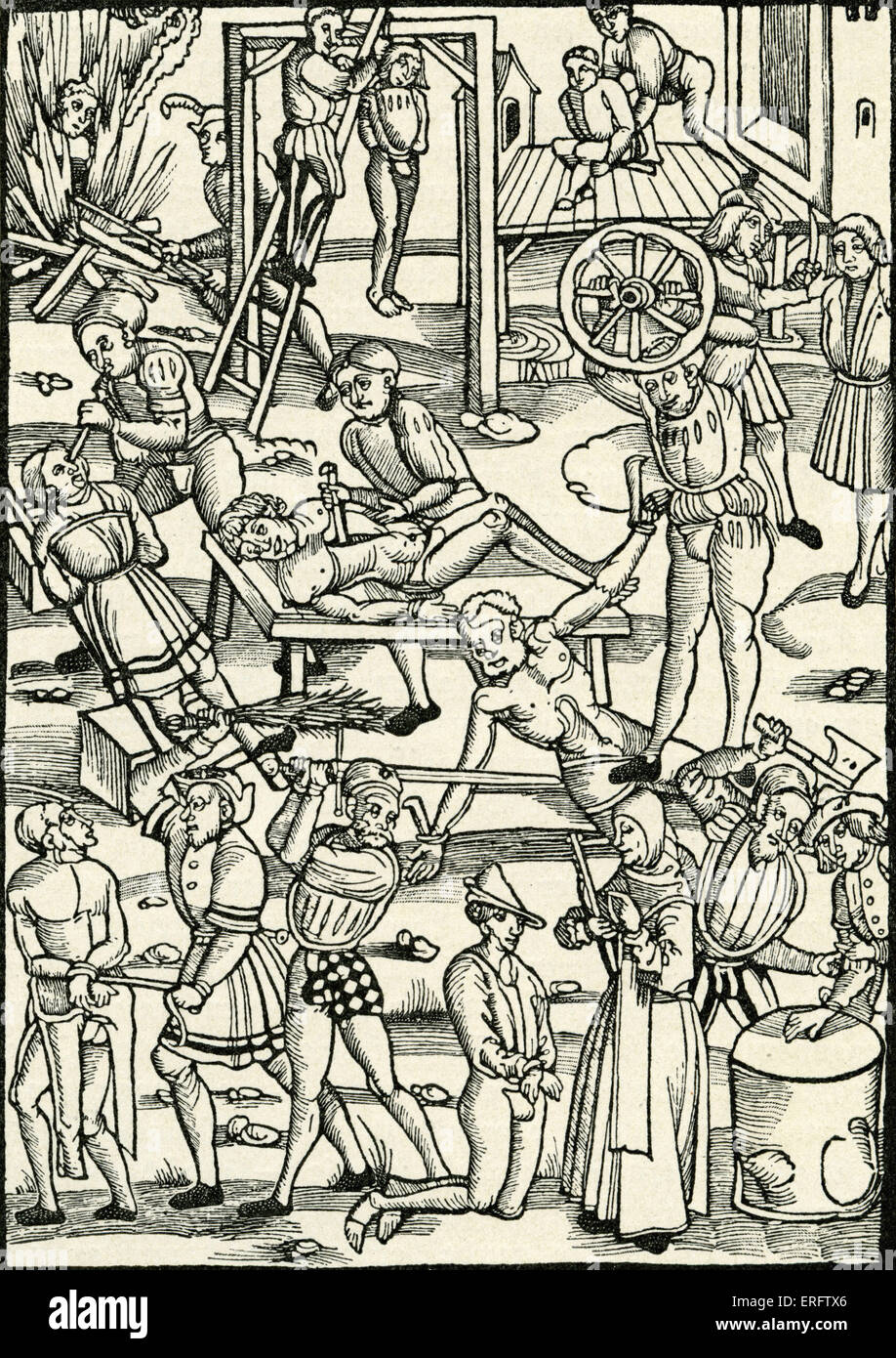 Bestrafung und Hinrichtungen im Mittelalter. Holzschnitt aus Mainz, von Johann Schoffer 1508. Augen, Fugenhobeln mit Messer, über Stockfoto