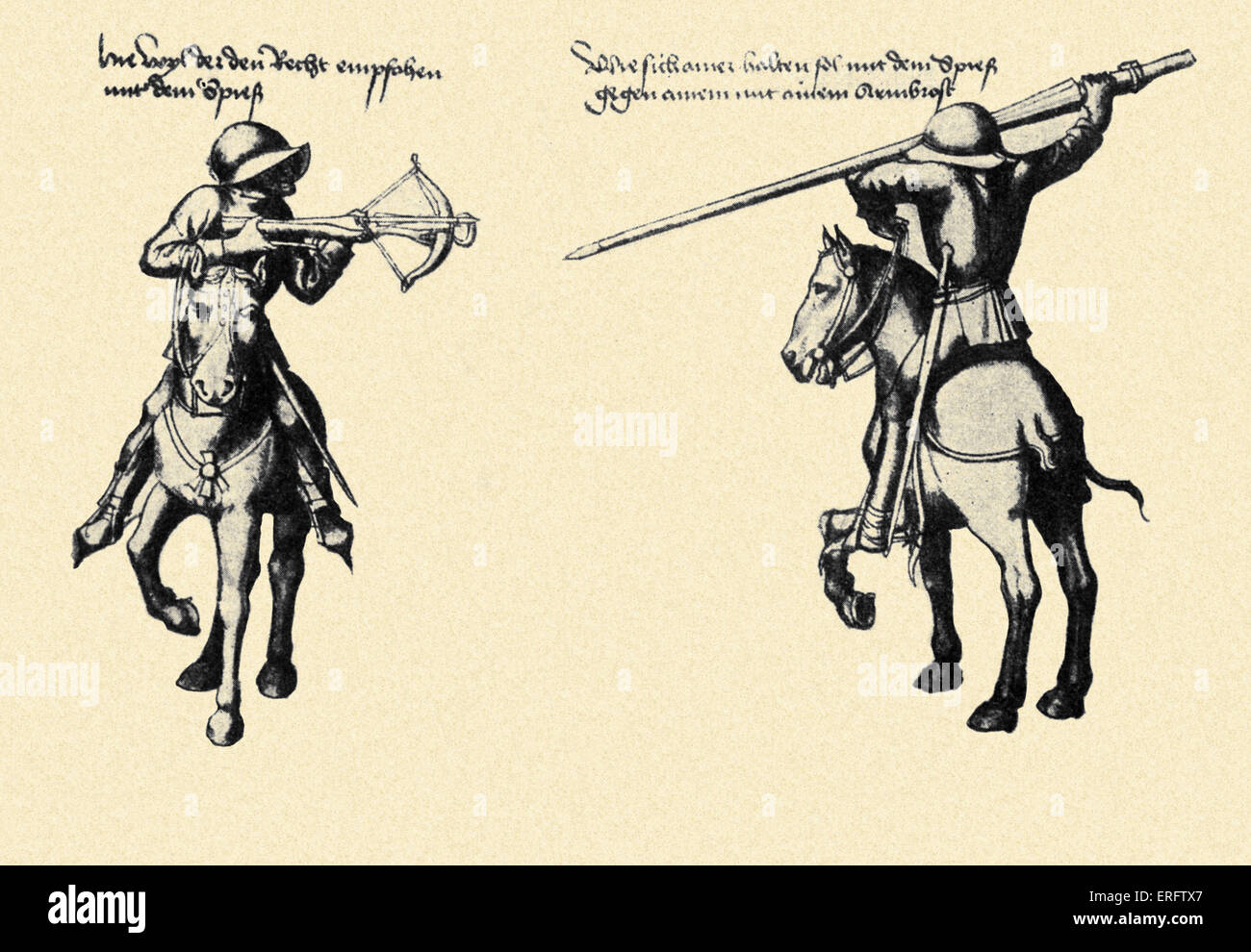 Deutsche Söldner im Kampf, ein mit Armbrust und das andere mit Hecht. (Landsknecht) Beide montiert auf Pferde. Quelle: Stockfoto