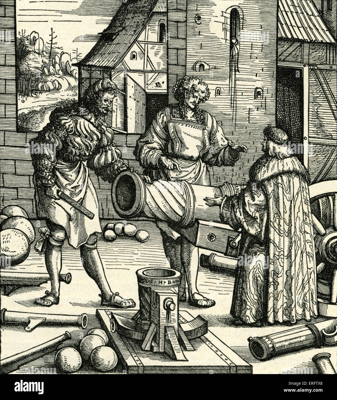Gießer mit einem Kanon. Kanon in Maximilians Armee verwendet. Holzschnitt von Hans Burgkmair-1473-1531. Maximilian i. von Habsburg, Stockfoto