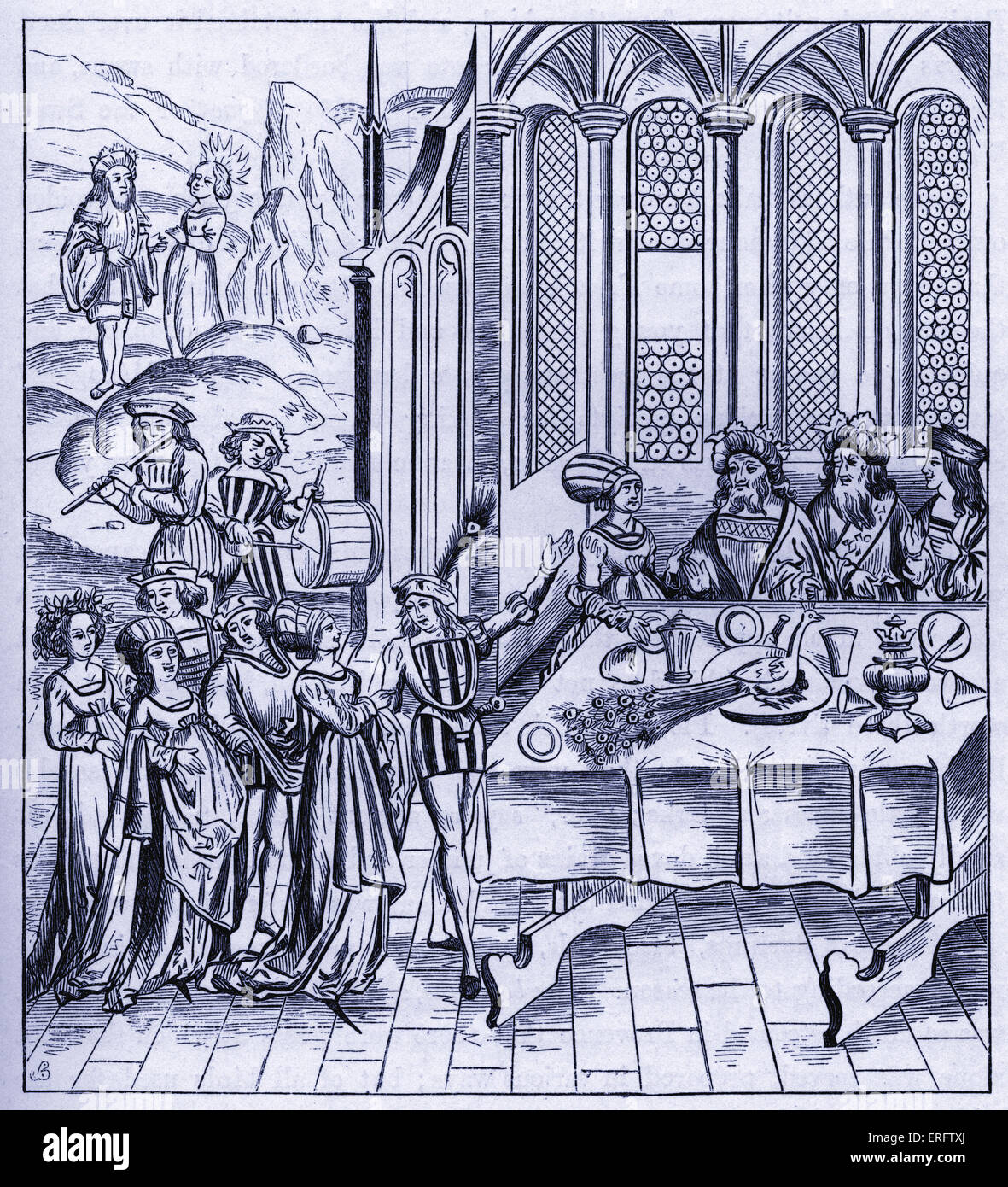 Mittelalterliche Staatsbankett - dienen der Pfau Faksimile von einem Holzschnitt in einer Auflage von Virgil veröffentlicht in Lyon im Jahre 1517. Stockfoto