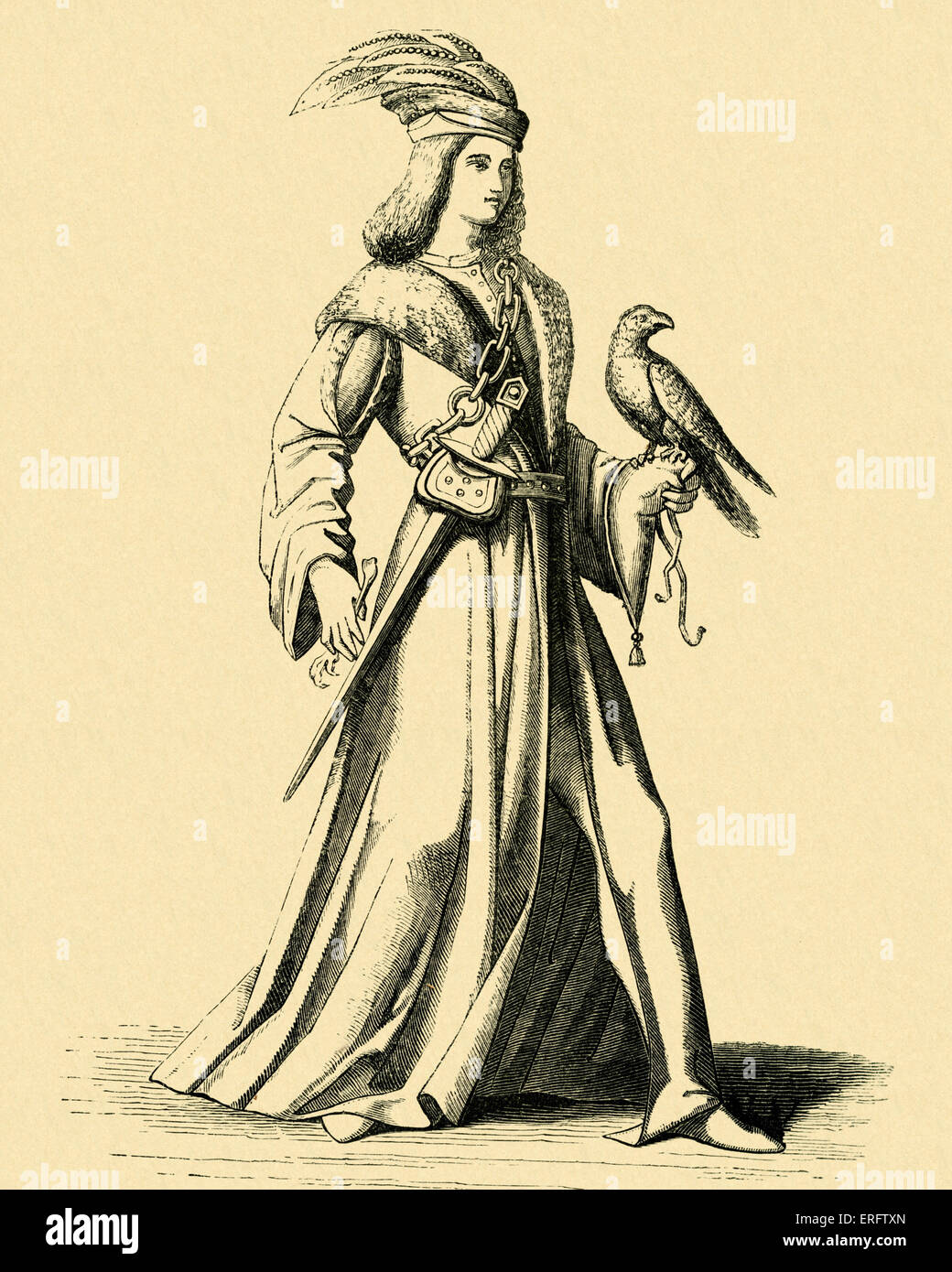 Mittelalterlichen Adligen der Provence mit Falken. Aus Bonnarts "Kostüme aus dem zehnten bis sechzehnten Jahrhundert." Stockfoto