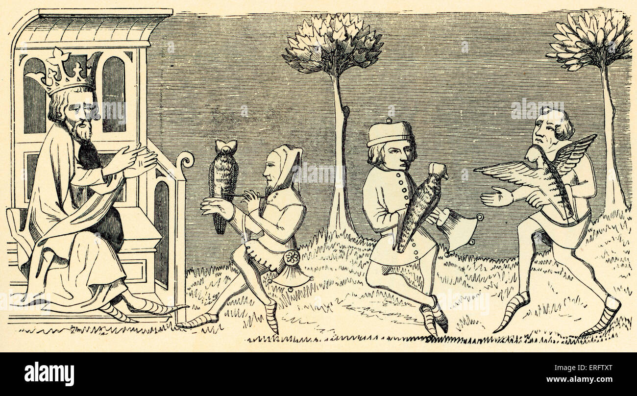 Mittelalterliche König (Modus) lehrt die Kunst der Falknerei. Miniatur in der Handschrift des "Livre du Roy Modus" Stockfoto Mittelalterliche König (Modus) lehrt die Kunst der Falknerei. Miniatur in der Handschrift des "Livre du Roy Modus" Stockfoto