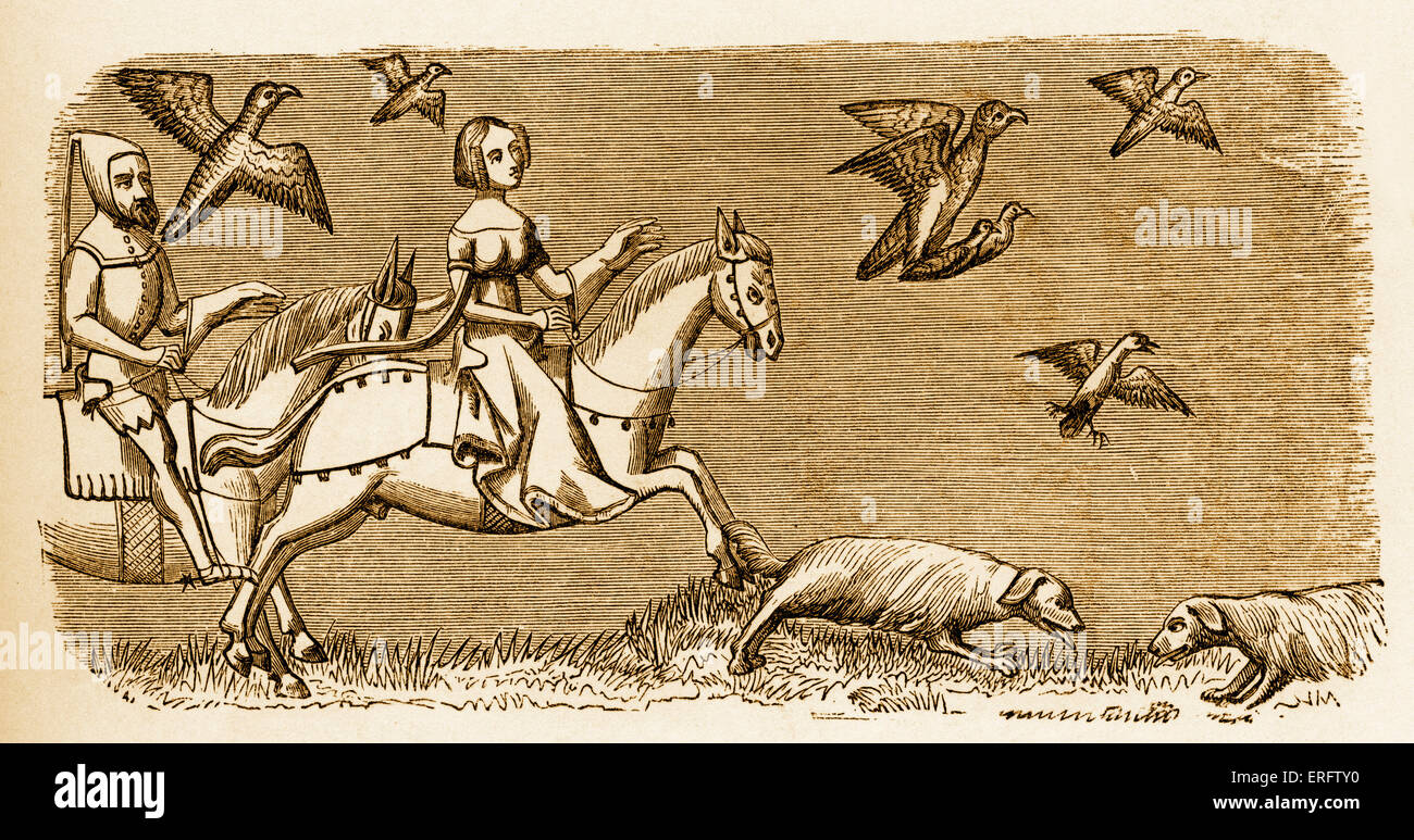 Mittelalterliche Falkner machen junge Falken fliegen.  Miniatur in der Handschrift des "Livre du Roy Modus" Stockfoto