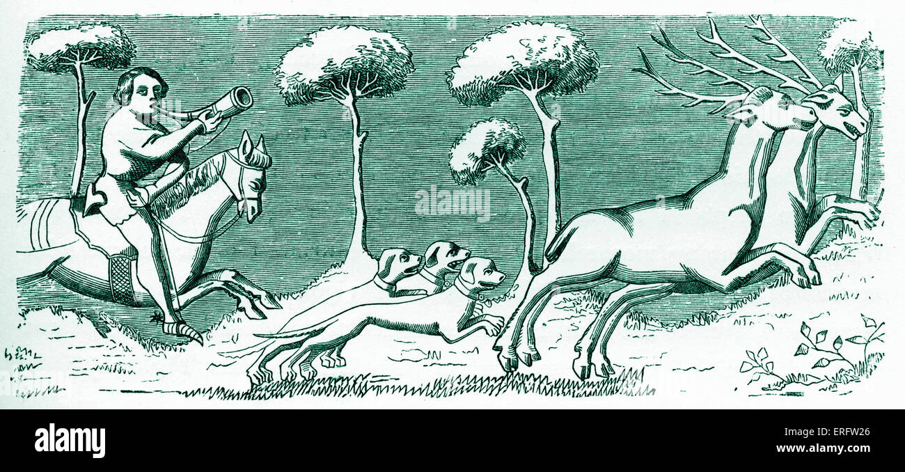 Mittelalterliche Hirschjagd. Beschriftung "Natur und Aussehen von Hirschen und wie sie mit Hunden gejagt werden können." Faksimile des Miniatur Stockfoto