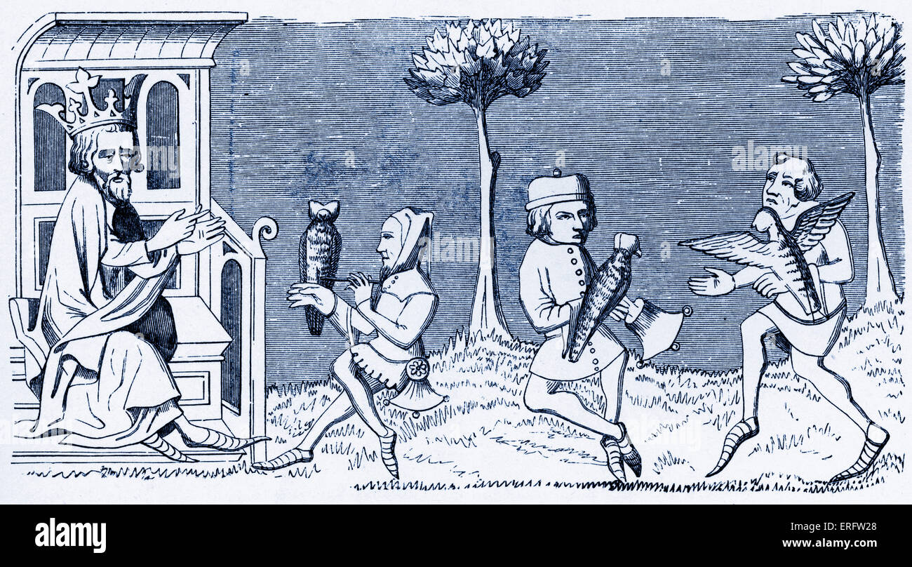 Mittelalterliche König (Modus) lehrt die Kunst der Falknerei. Miniatur in der Handschrift des "Livre du Roy Modus" Stockfoto Mittelalterliche König (Modus) lehrt die Kunst der Falknerei. Miniatur in der Handschrift des "Livre du Roy Modus" Stockfoto