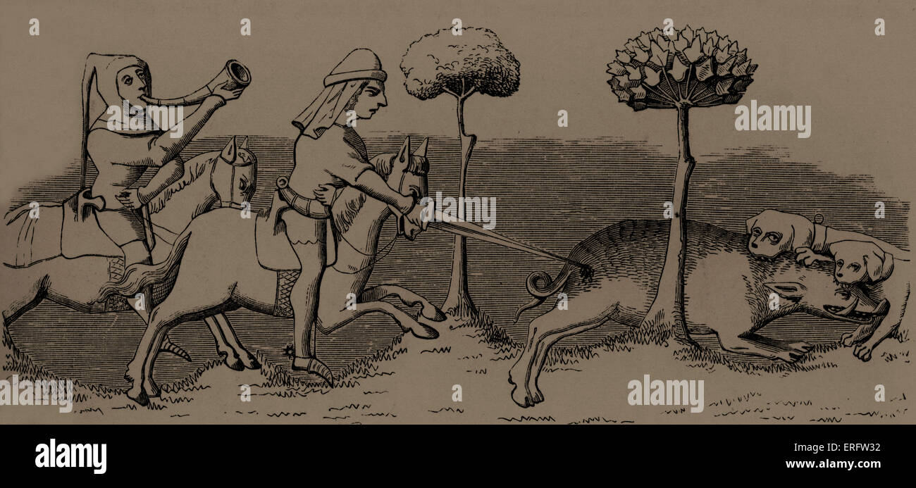 Mittelalterliche Jagd von Wildschweinen mit Hunden. Miniatur in der Handschrift des "Livre du Roy Modus". Stockfoto