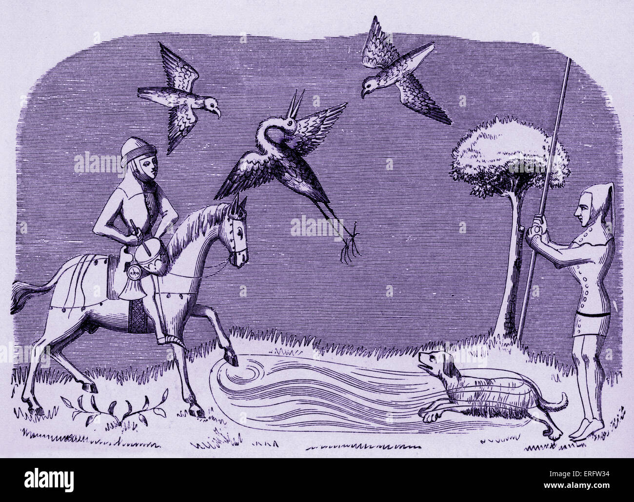 Mittelalterliche Heron hawking. Miniatur in der Handschrift des "Livre du Roy Modus". Stockfoto