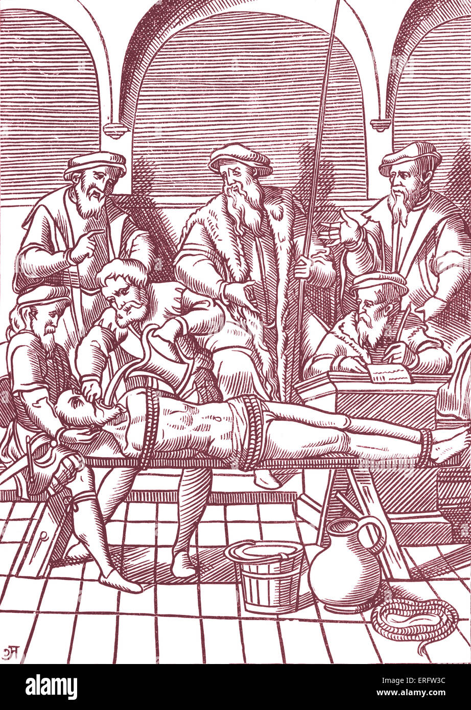 Mittelalterliche Folter-Szene. Französisch Wasser Folter: der Mann hat neun Pints von Wasser in den Hals gegossen. Holzschnitt aus "Praxis Stockfoto