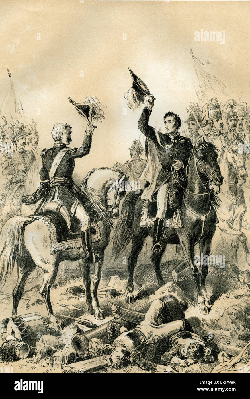 Das Treffen von Wellington und Blücher bei Waterloo. Wellington führte die britische Armee und Blücher führte die preußische Armee gegen die Franzosen Stockfoto